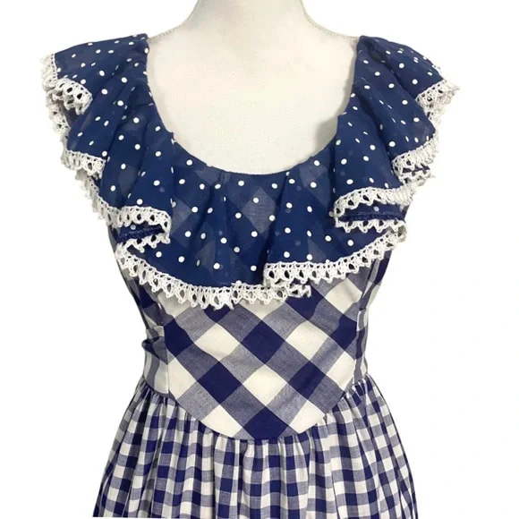 Vintage 70s Blue Gingham Maxi Dress White Checkered Prairie Dress Plaid Long - Picture 4 of 14